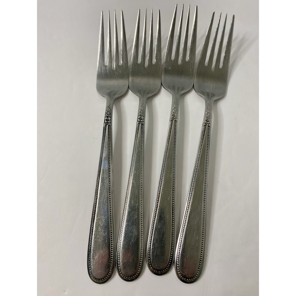 4 Rogers Beaded Elegance Stainless Korea Tablespoons Dinner Forks 7-1/2"